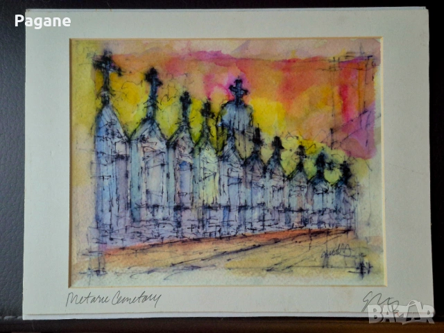 Оригинален акварел от Ню Орлиънс, САЩ – Metairie Cemetery (авт. Gundy)