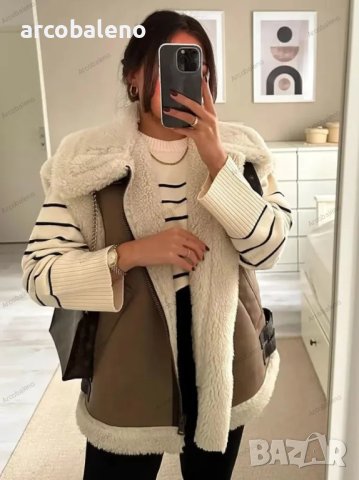Дамско топло широко кожено яке без ръкави с шевове от полар, 2цвята 