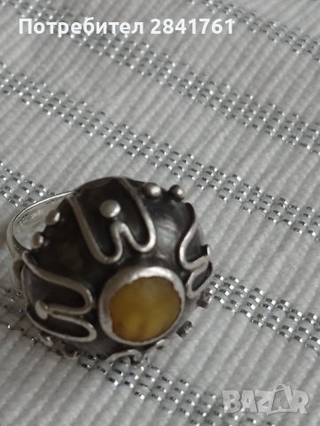 Антикварен сребърен пръстен с кехлибар, снимка 4 - Пръстени - 39463053