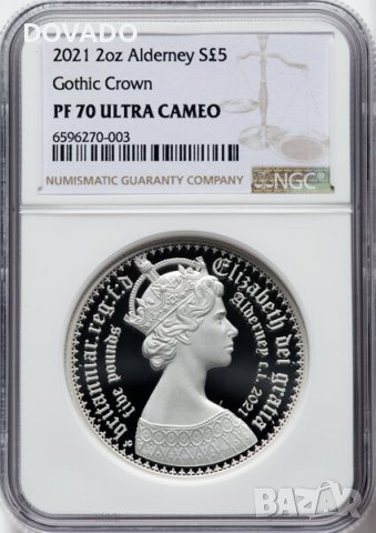2022 Gothic Crown - Alderney - 2oz £5 - NGC PF70 - Сребърна Монета - от Great Engravers, снимка 1 - Нумизматика и бонистика - 43724003