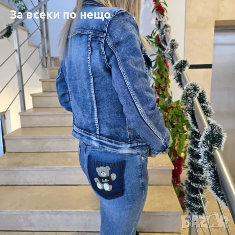 Дамско Синьо Меко и Еластично Дънково Яке С Апликация От Камъни, снимка 2 - Якета - 48553858