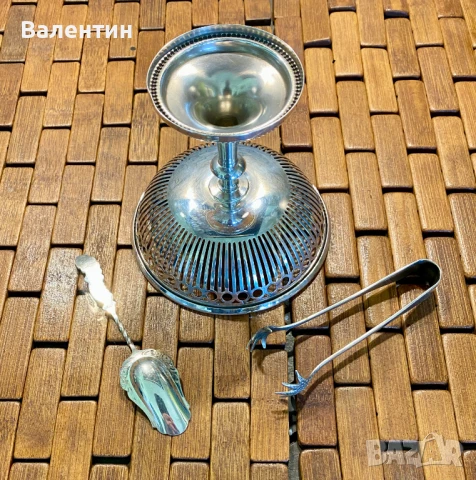 #2504# Комплект: купа за бонбони + лъжица + щипки. Винтидж. Посребрен. Маркиран. От Холандия., снимка 3 - Прибори за хранене, готвене и сервиране - 50685284