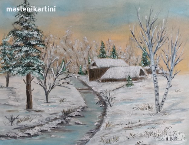 Зимен пейзаж маслена картина, снимка 2 - Картини - 34679971