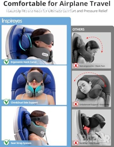 Нова Пътна възглавница за врат със седалков ремък + 3D маска - сива, снимка 3 - Други - 53566827