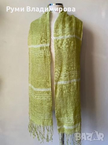Светлозелен шал от 100 % лен, снимка 3 - Шалове - 52934671