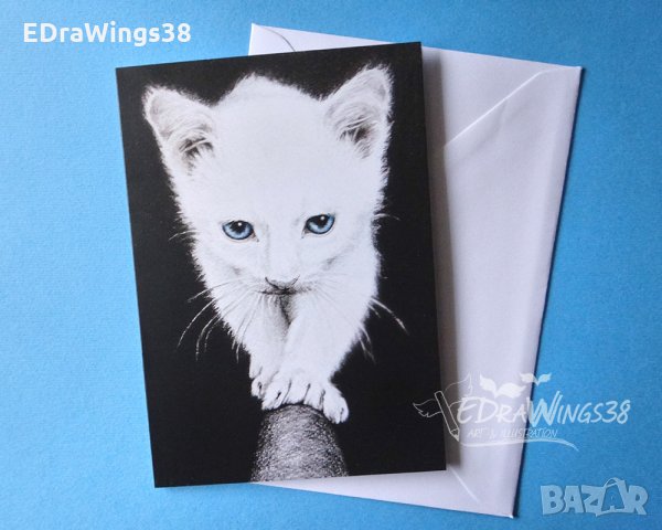 Картичка "Бяло коте" / котка, животни, принт, графика