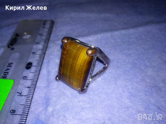 ПРЕКРАСЕН СКЪПОЦЕНЕН НИКЕЛИРАН МЕДЕН АРТ ПРЪСТЕН с ОГРОМЕН ЮВЕЛИРНО ШЛИФОВАН КАМЪК ТИГРОВО ОКО 36599, снимка 3 - Пръстени - 39710057