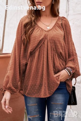 Дамска елегантна блуза в кафяво с принт на точки, снимка 6 - Блузи с дълъг ръкав и пуловери - 39648094