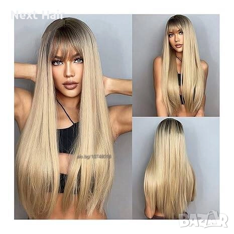 Стилна синтетична перука русо омбре с тъмни корени и бретон, 70 см, снимка 2 - Аксесоари за коса - 52900080
