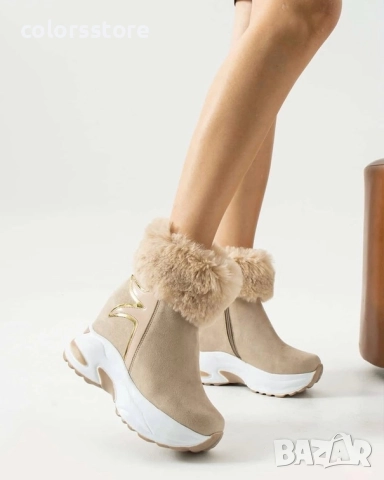 Боти на платформа - бежов велур с пух - BH2025 , снимка 2 - Дамски боти - 52122581