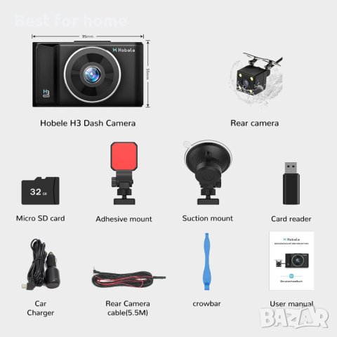 Hobele Dashcam отпред и отзад, двоен рекордер за кола с 32G SD карта, 170° широк ъгъл, 1080P FHD с н, снимка 7 - Аксесоари и консумативи - 43622945