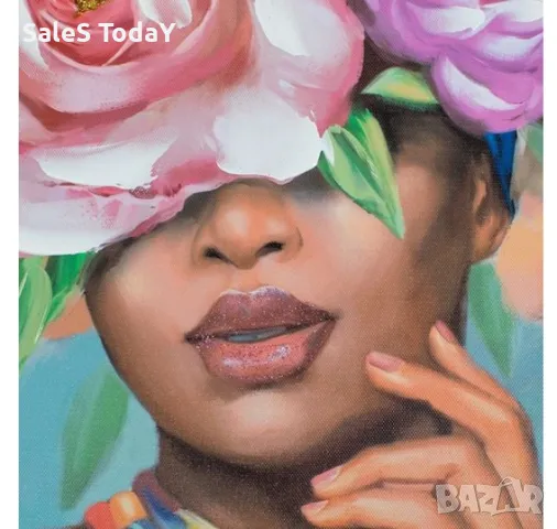 Картина с бои, Момиче с цветя, 60x60x3 см, златна пластмасова рамка, снимка 2 - Картини - 49217187