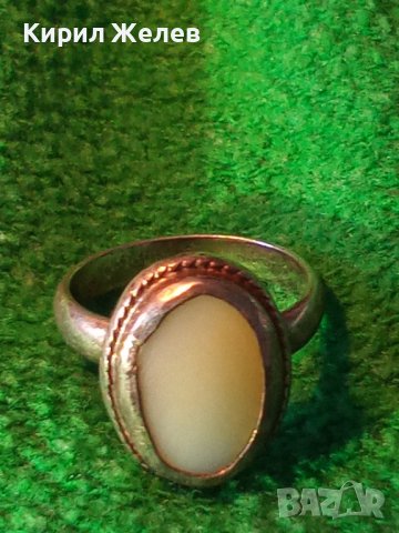 Старинен СКЪПОЦЕНЕН АНГЛИЙСКИ СРЕБЪРЕН РЕТРО АРТ ДЕКО ПРЪСТЕН с РЪЧНО ШЛИФОВАН МЛЕЧНОБЯЛ АХАТ 40328