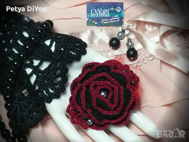 Дамски комплект бижута обеци и брошка-шнола в черно и червено