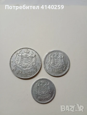 Монако монети лот 5 франка 1945 г 2 франка 1943 г 1 франк 1943 г , снимка 1