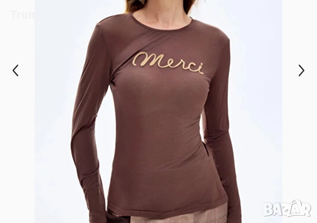 Нежна блуза, фина мрежеста материя, 3д надпис Merci , снимка 2 - Блузи с дълъг ръкав и пуловери - 52317265