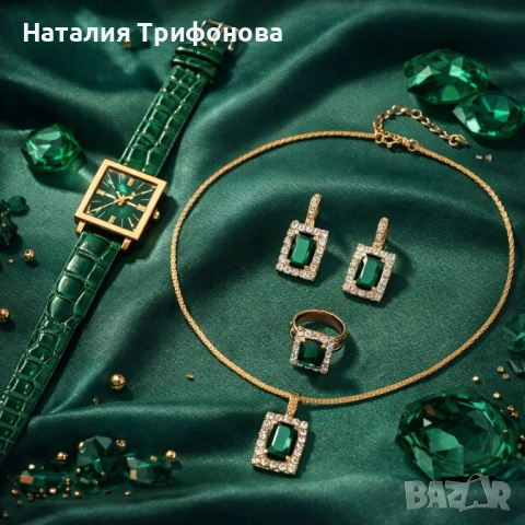 Елегантен комплект часовник и бижута с зелени кристали и златист корпус, снимка 2 - Бижутерийни комплекти - 52878485