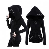 Суитчър с цип с обемиста качулка и метални "пиърсинг" акценти bondage hoodie gothic, снимка 1 - Суичъри - 32804915