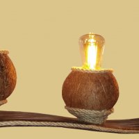 Уникална лампа от дърво и кокосови орехи в битов/винтидж стил, снимка 2 - Настолни лампи - 28047433