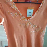 Дамска оранжева блуза с бродирани ивици, снимка 5 - Тениски - 29020791