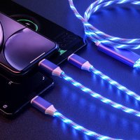 Универсален, светещ, троен кабел с накрайници за iPhone / TYPE C / microUSB, снимка 7 - USB кабели - 43897580