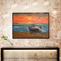 Морски залез лодка и чайки маслена картина , снимка 7 - Картини - 36380217