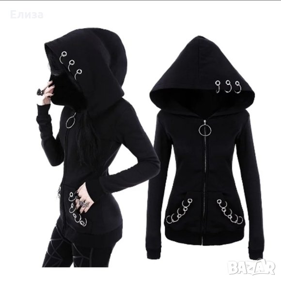 Суитчър с цип с обемиста качулка и метални "пиърсинг" акценти bondage hoodie gothic, снимка 1