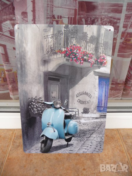 Метална табела мотор мотопед скутер Веспа цветя застраховки кредити, снимка 1