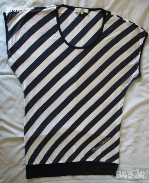 Блузка с паднало ръкавче и черно-бяло диагонално рае, снимка 1