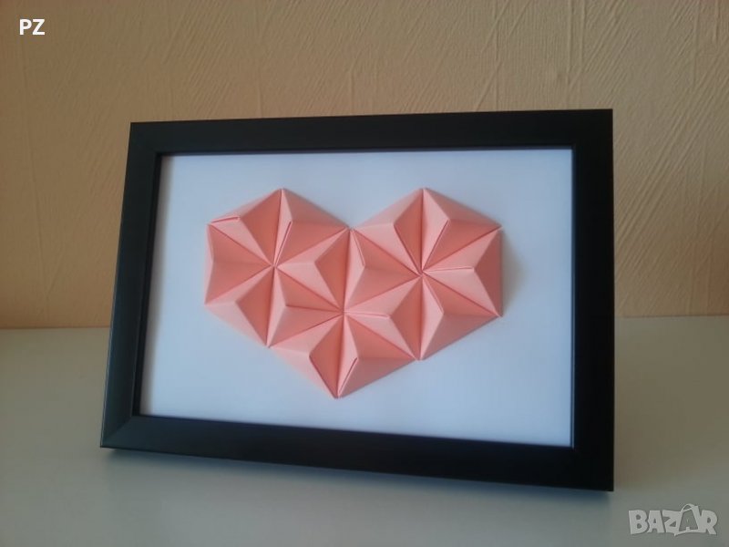 Розово сърце, оригами, в рамка, декорация за стена, подарък , снимка 1