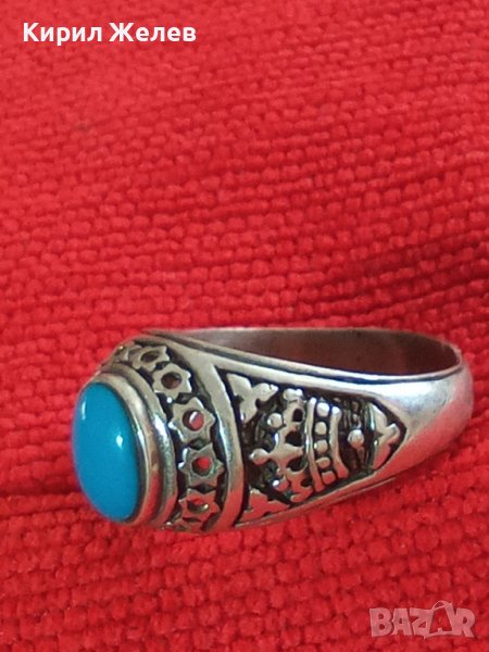 СРЕБЪРЕН ТЮРКОАЗЕН ОРНАМЕНТИРАН РЪЧНО ПРЪСТЕН СРЕБРО 925 ЮВЕЛИРНА СТАРА МАЙСТОРСКА ИЗРАБОТКА 14507, снимка 1
