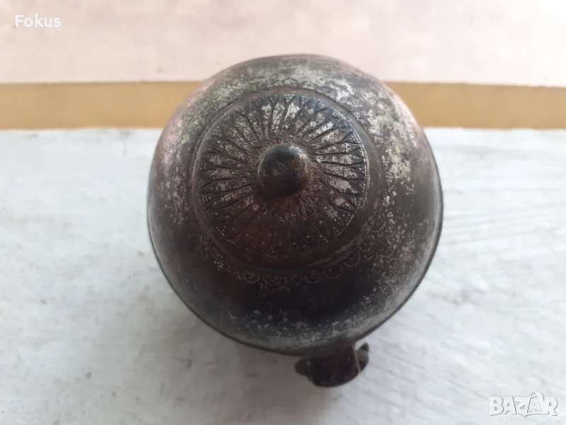 Уникален стар османски бронзов съд контейнер за барут или др, снимка 1