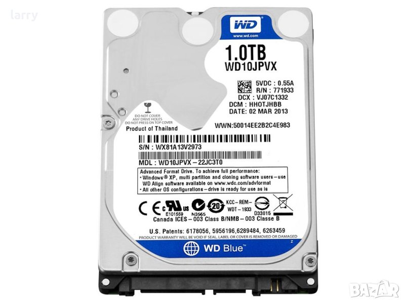 HDD за лаптоп 1TB WD Blue 5400 8MB WD10JPVX SATA3 (втора употреба), снимка 1