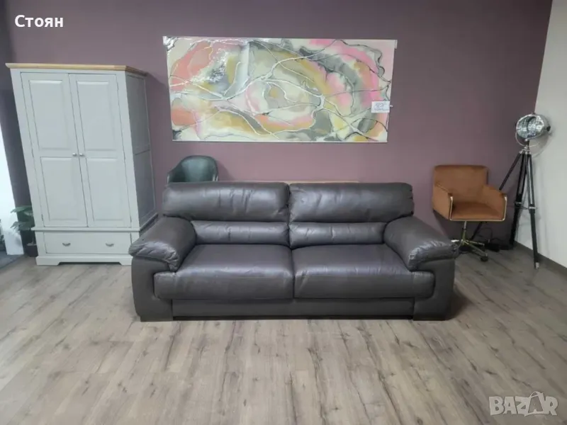 Тъмно кафяв кожен диван тройка, снимка 1