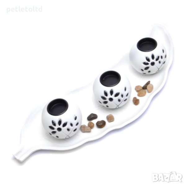 Декоративен свещник с 3 бр.сферични свещници с флорални мотиви, декоративни камъни и подложка - 2 бр, снимка 1