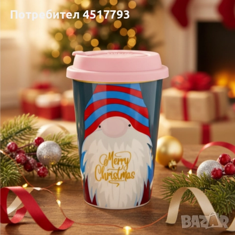Порцеланова Коледна чаша със силиконов капак, снимка 2 - Чаши - 52508626