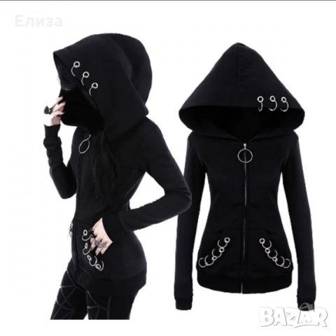 Суитчър с цип с обемиста качулка и метални "пиърсинг" акценти bondage hoodie gothic