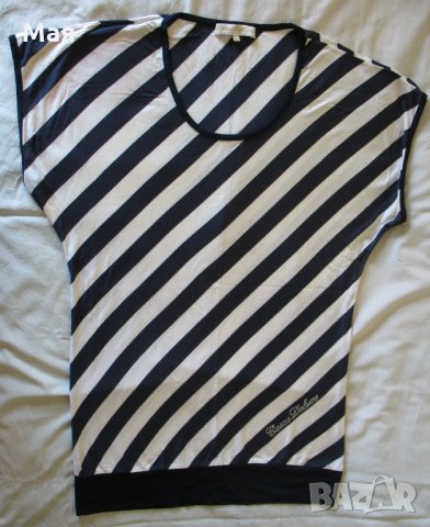 Блузка с паднало ръкавче и черно-бяло диагонално рае, снимка 1 - Туники - 29017206