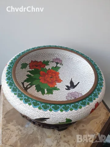 Cloisonne 26см/Клоазон-Клозоне стара голяма китайска купа/поставка ръчна дърворезба, снимка 3 - Други - 46578938