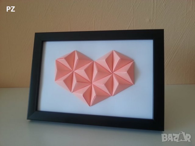Розово сърце, оригами, в рамка, декорация за стена, подарък , снимка 1 - Декорация за дома - 35462176