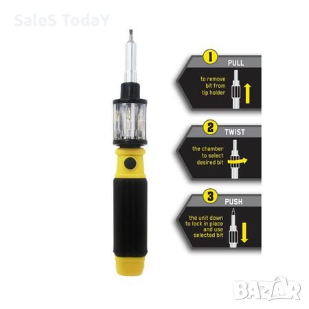 Мултифункционална отверка 6 в 1, BIT360, иновативно превключване с едно завъртане, жълто и черно, снимка 3 - Аксесоари и консумативи - 28378468