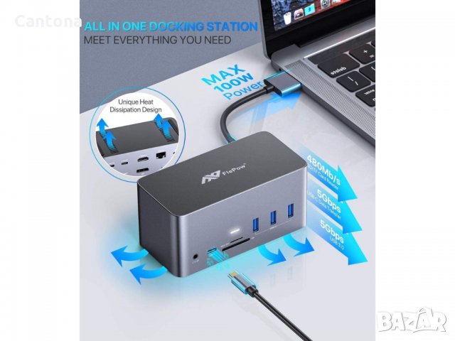 FlePow 17-in-1 USB-C Hub - до 4 дисплея ,Аудио, Gigabit Ethernet, 5 USB порта, 100 W USB-C PD, SD/Mi, снимка 4 - Други - 34787110