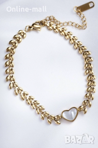 Луксозна дамска гривна Laurel Heart с лаврови листа и сърце от седеф, снимка 4 - Гривни - 52425281