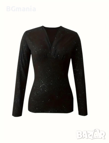 Черна елегантна блуза с деколте и бляскави елементи размер Л, снимка 2 - Корсети, бюстиета, топове - 51947026