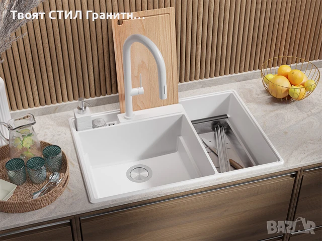 Бяла кухненска гранитна мивка Париж 80 Work&Store 780 x 530 мм, снимка 7 - Мивки - 51286493