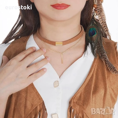 Fumwase  Хипи костюм от 4 части с тема 60-те и 70-те години, жилетка с ресни, лента за глава с пера, снимка 2 - Костюми - 52506935