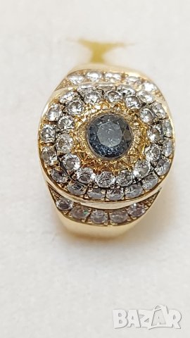 Златен пръстен с брилянти и аквамарин, снимка 1 - Пръстени - 44071430