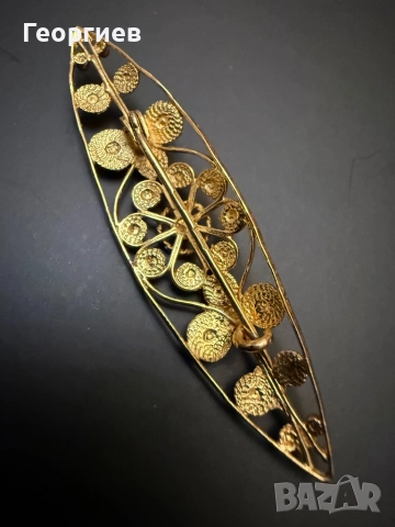 Антикварна филигранна брошка – сребро, златна позлата, снимка 2 - Други - 52859456