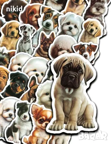 4 вид 50 бр Куче кучета кученца самозалепващи лепенки стикери за украса декор картонена торта, снимка 2 - Други - 49899347