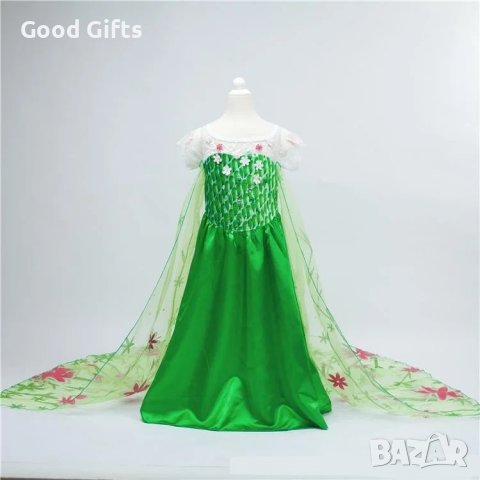 ДЕТСКА РОКЛЯ ЕЛЗА В ЗЕЛЕНО С ДЪЛЪГ ШЛЕЙФ
